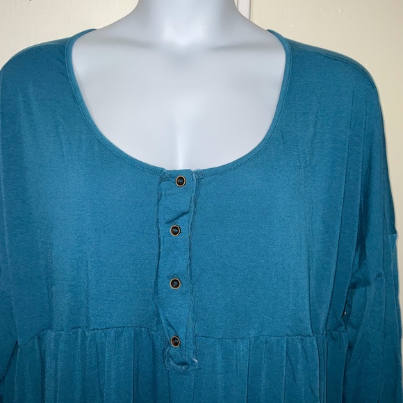 xFHQ 2XL Tunic Top Mini Dress Teal Long Sleeve Button Front Detail Scoop Neck - Picture 2 of 6